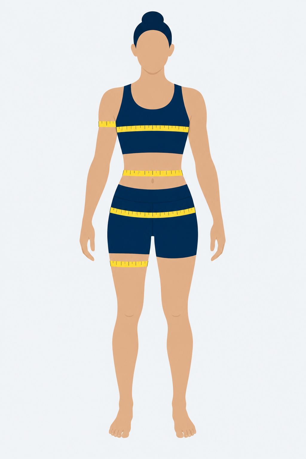 Body guide showing measuring tape positions at the chest, waist, hips, upper arm and upper thigh