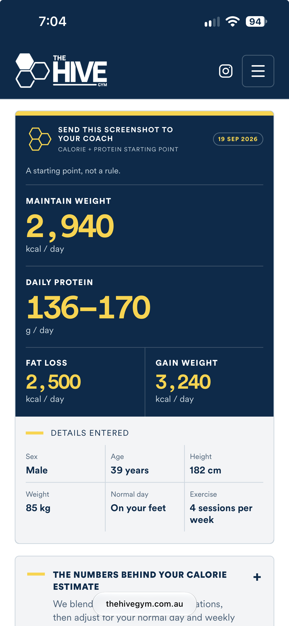 The Hive calorie and protein calculator on a phone
