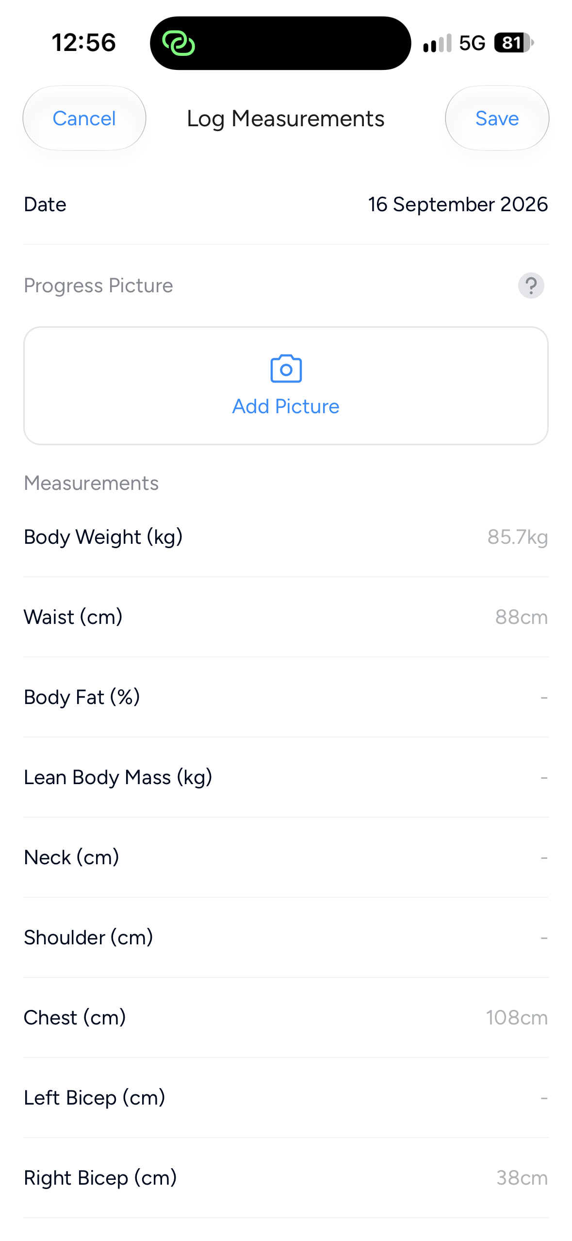 HEVY Log Measurements screen showing all five measurement fields