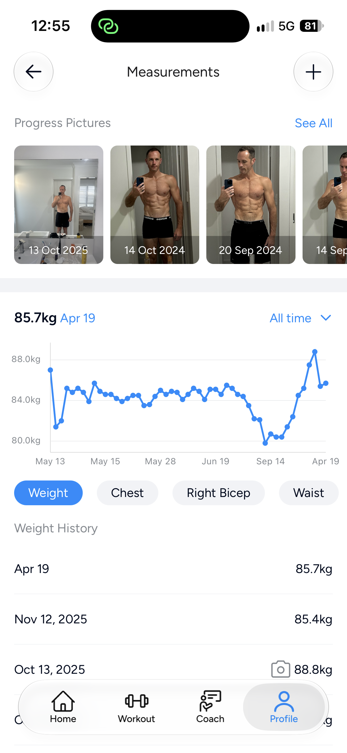 HEVY Measurements screen with the add button in the top-right corner