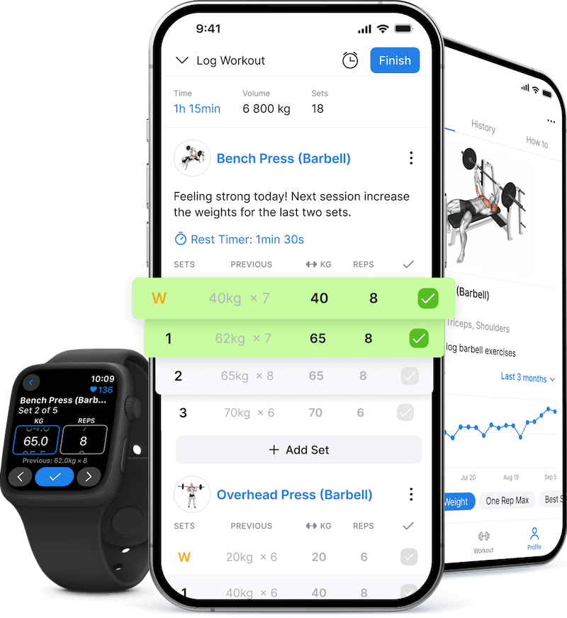 HEVY workout tracking shown across a phone and watch