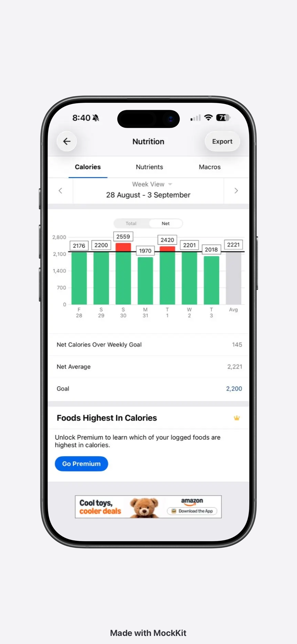 Weekly calorie average on a phone