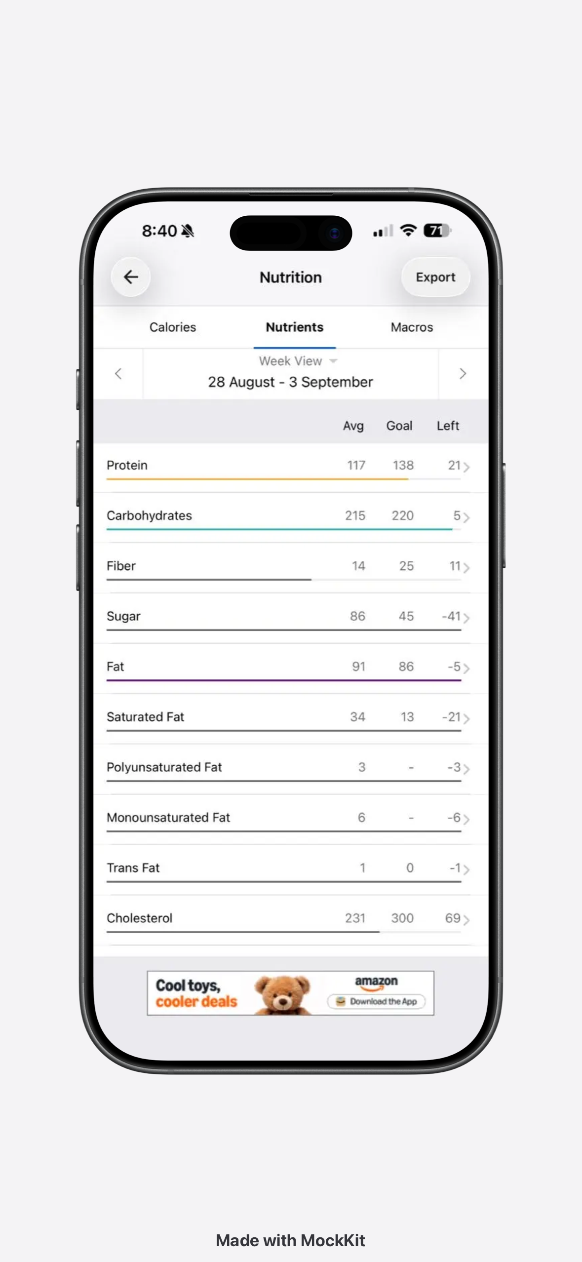Weekly protein average on a phone
