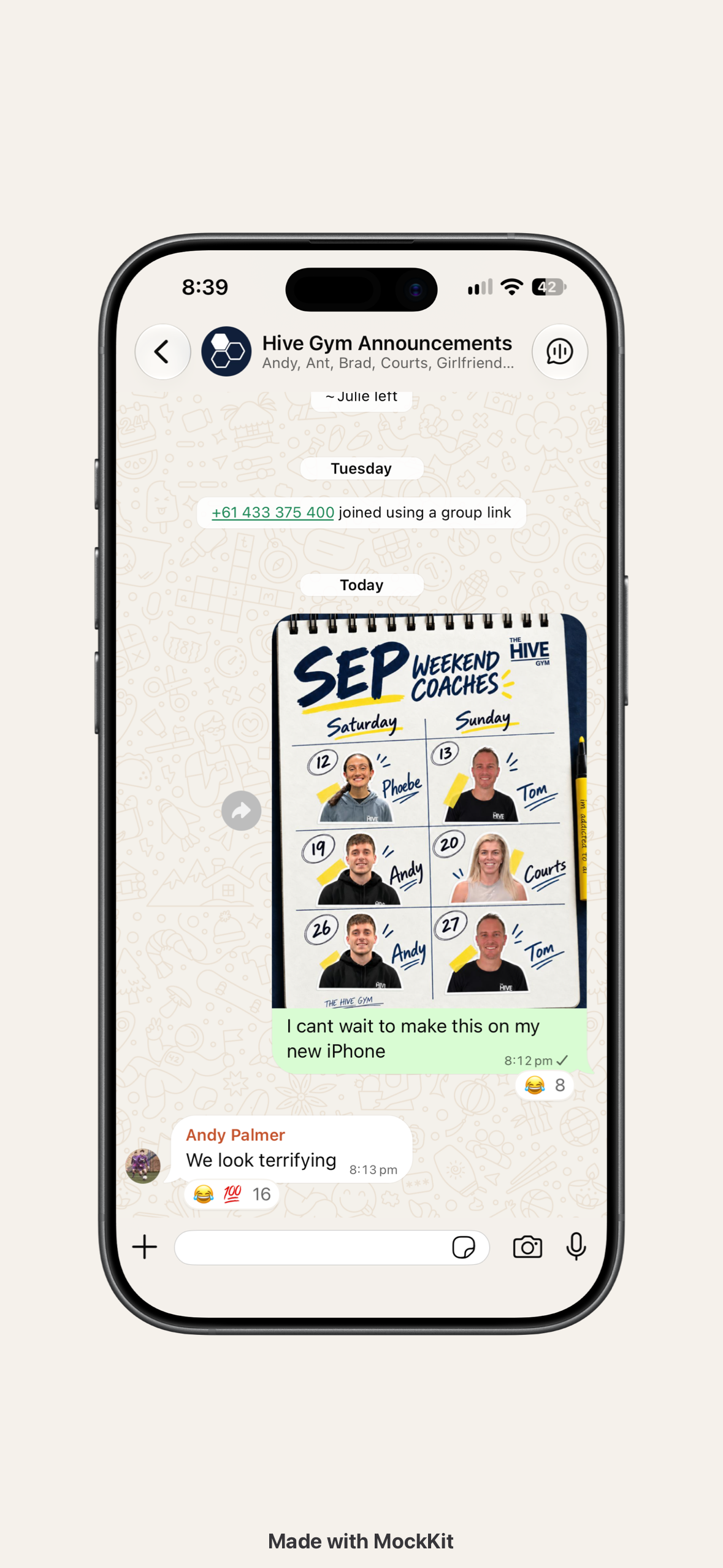 The Hive Gym WhatsApp announcements on a phone